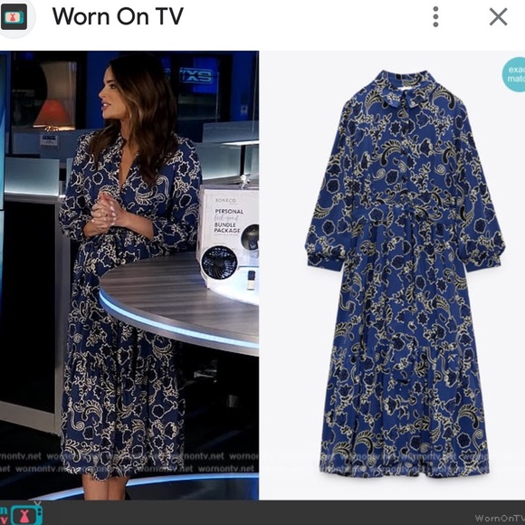 NWT ZARA PRINTED MIDI SHIRT DRESS NAVY BLUE FLORAL DRESS M - Picture 2 of 6